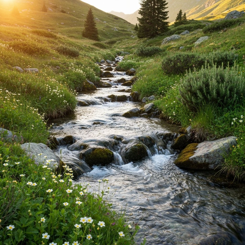 Alpine stream flowing through Swiss mountains representing ActiveZenithFlow educational mission