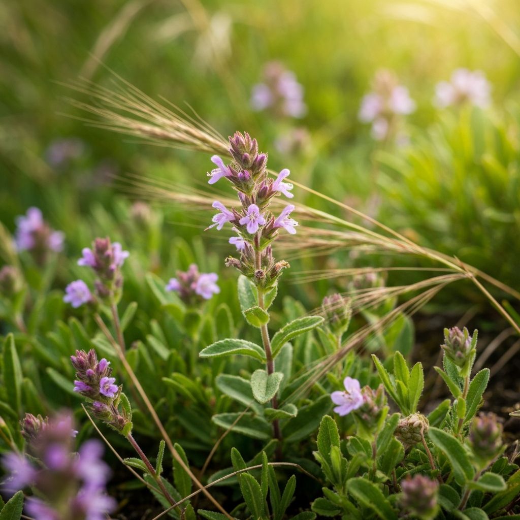 Macro detail of Alpine alpine herbs with natural sunlight