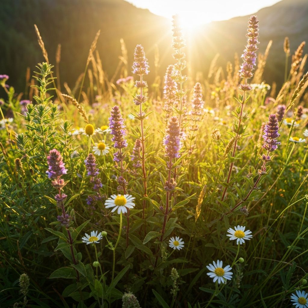Energetic Alpine herbs in natural sunlight representing vitality for men 40+