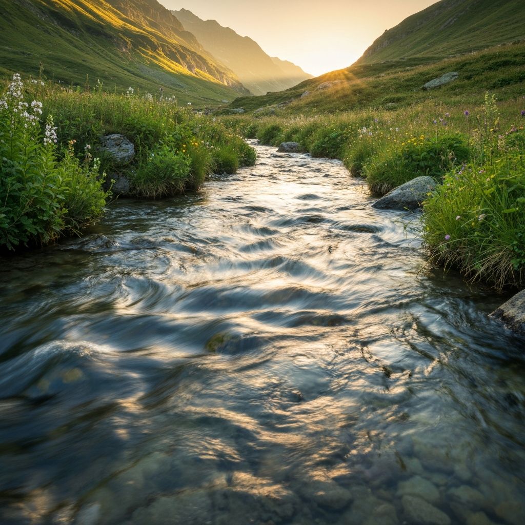 Flowing mountain water with herbs and natural textures